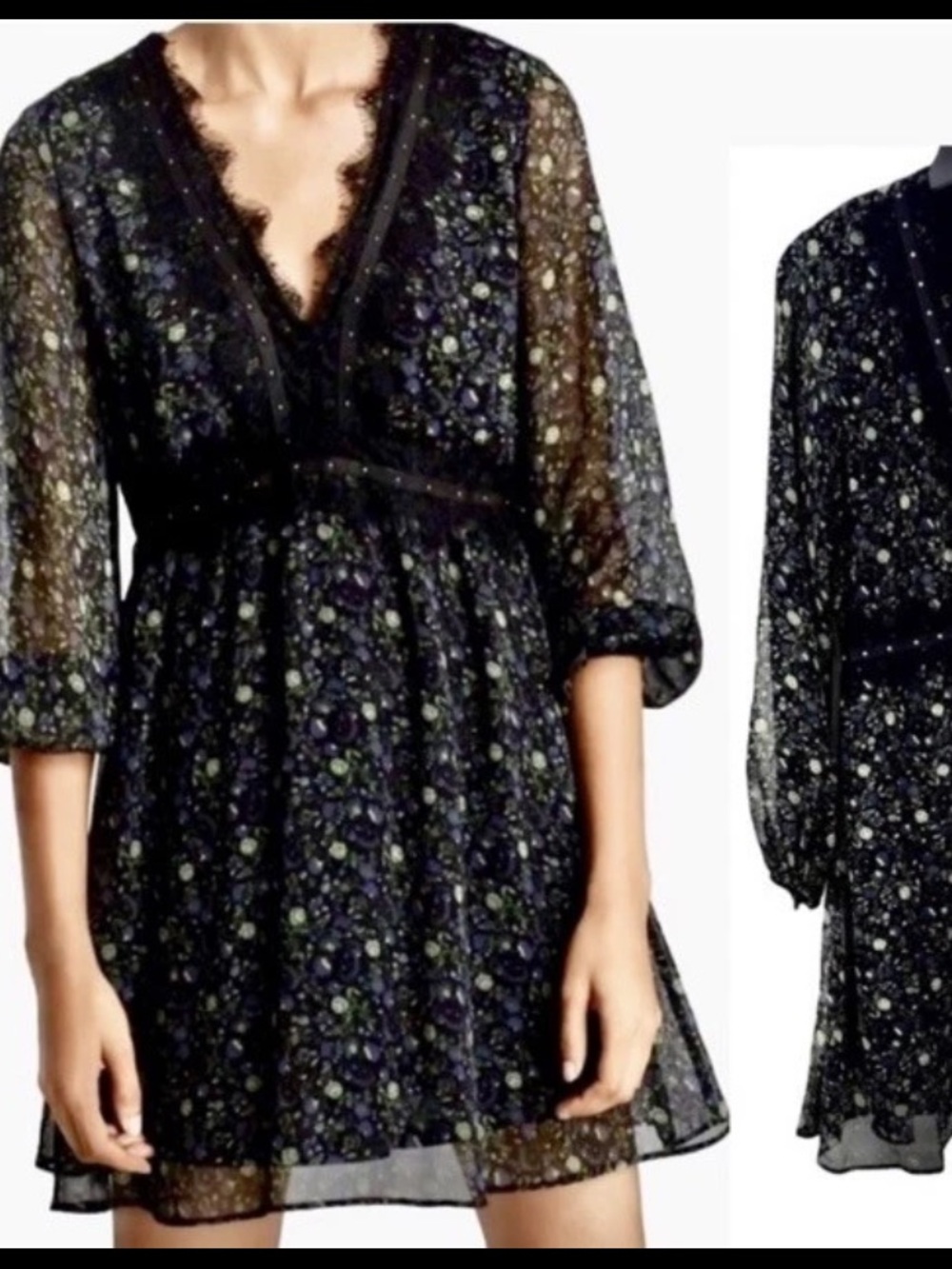 Zara Black/Green Floral V-Neck Mini Dress. Size Medium